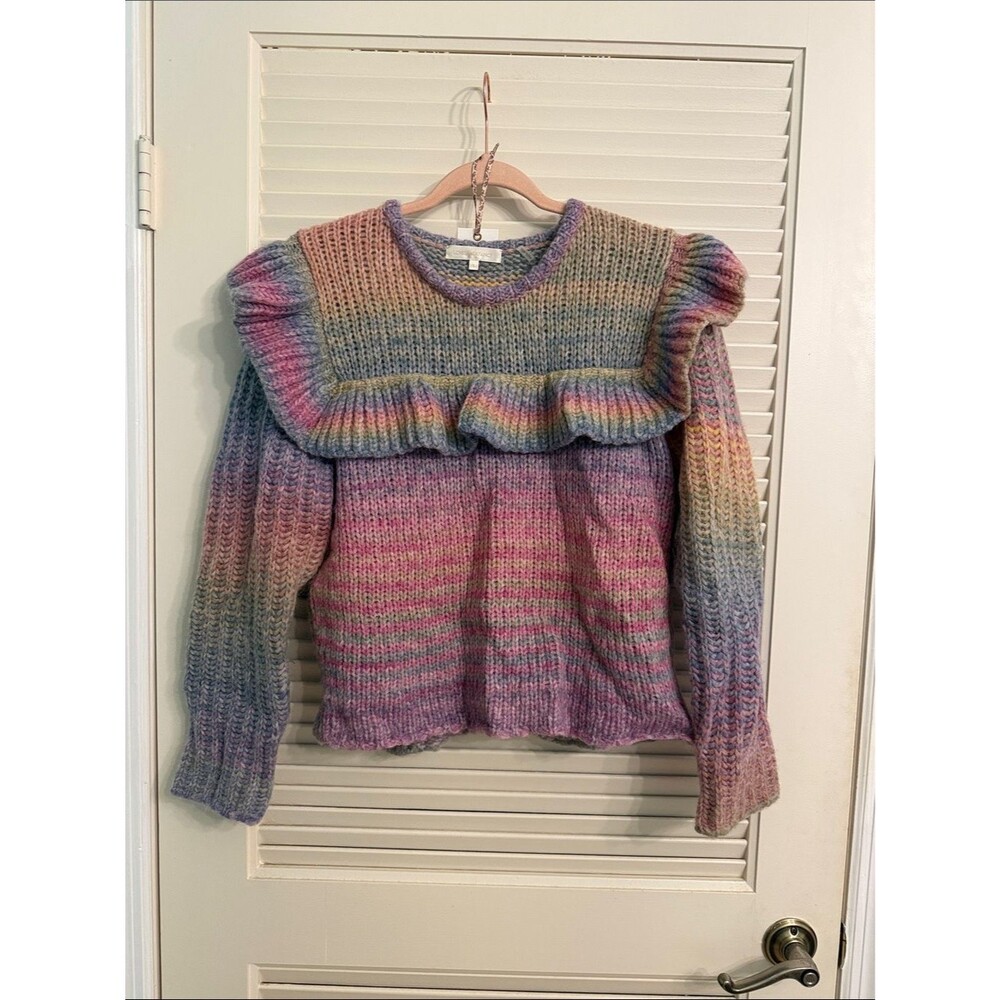 LoveShackFancy Yumi Rainbow Pullover Ruffle Sweater Large NWOT